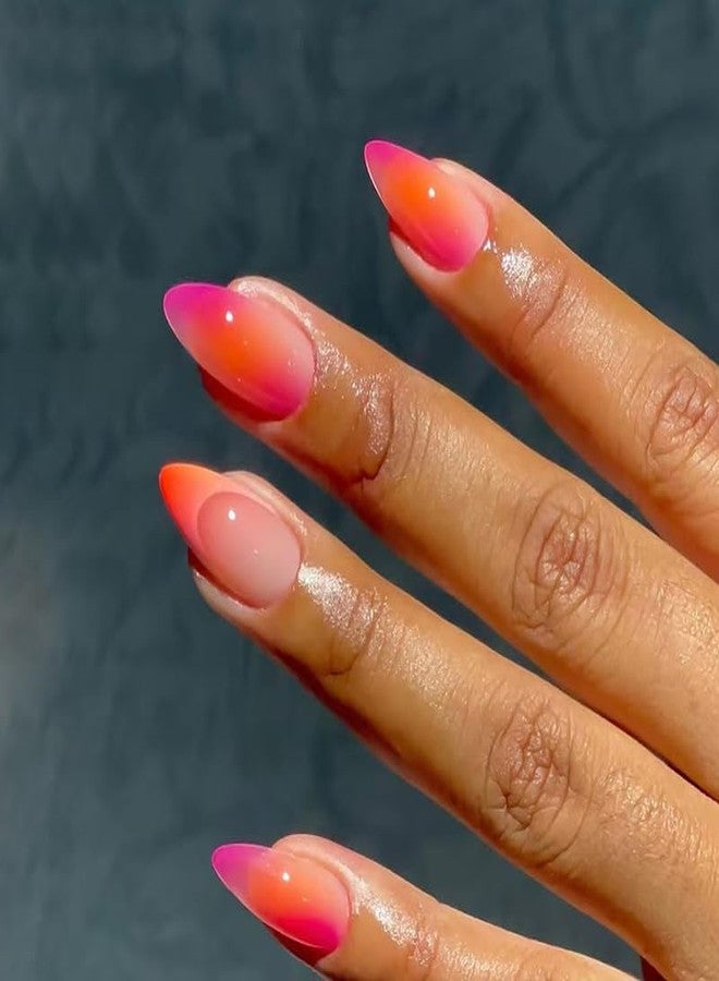 TOGZOM Almond Press On Nails Short Ombre Fake Nails Pink Orange Gradation Nails Press Ons French Acrylic False Nails With Artificial Glossy Designs Full Cover Glue On Nails For Women Girls - Image 1